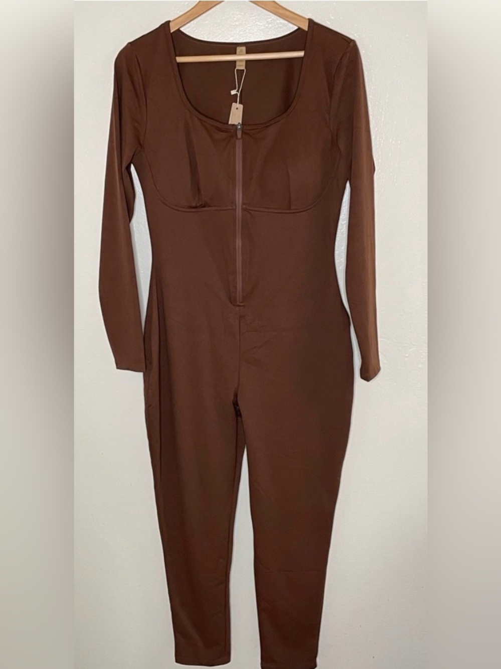 Shapellx Brown Long Sleeve Zip Front Jumpsuit with compression zip and hook